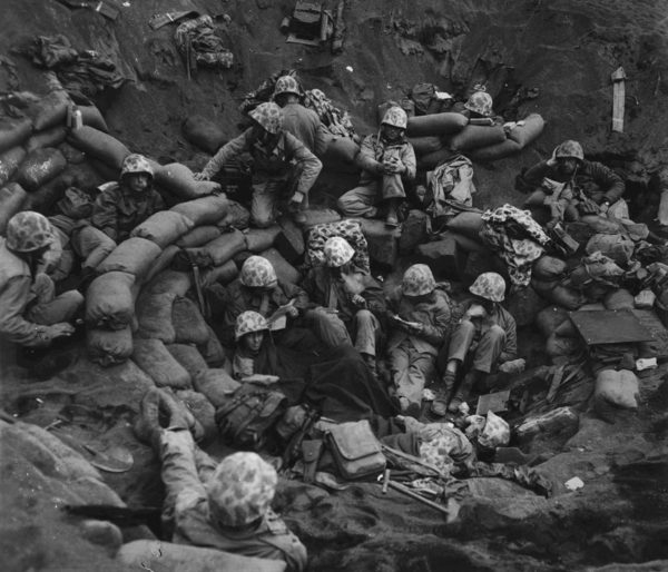 Sandbagged Marines on Iwo Jima