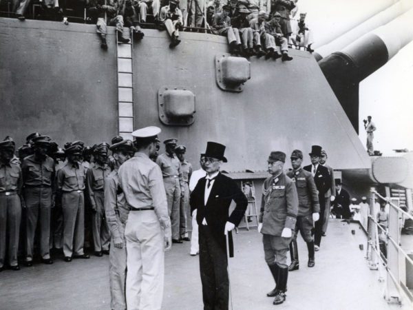 Japanese surrender delegation comes aboard the USS Missouri in Tokyo harbor